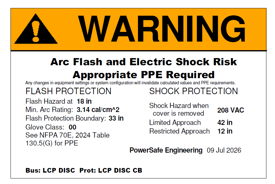 A sample NFPA 70E arc flash warning label produced by PowerSafe
